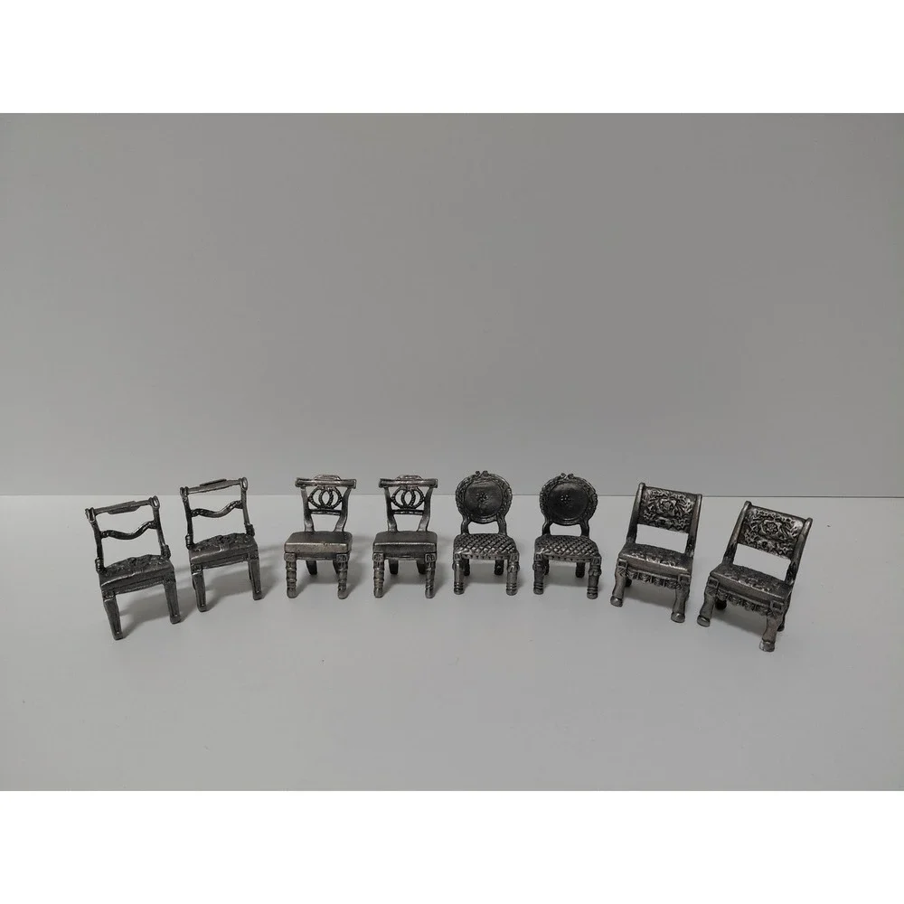 Vintage Miniature Pewter Chairs Set of 8 Victorian Dollhouse Furniture Six Trees